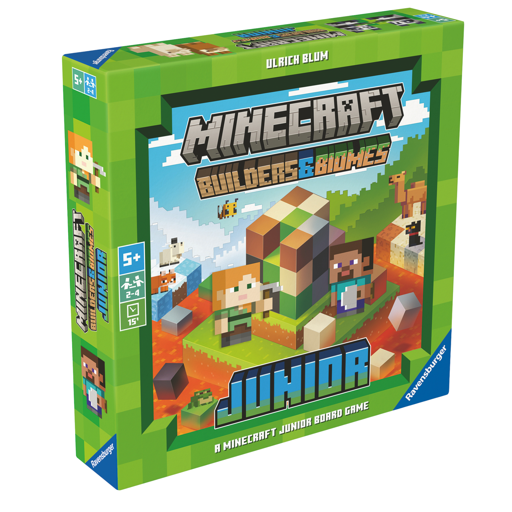 Minecraft Junior Ravensburger spilleske med Steve og Alex karakterer og blokker motiv